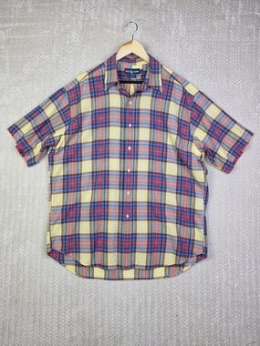 Ralph Lauren Blake Shirt Mens XL Short Sleeve Button Down Yellow Red Blue Plaid